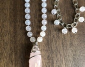 Rose Quartz Necklace Set, Wire Wrapped Pendant Necklace, Beaded Gemstone Necklace, Boho Chic Necklace