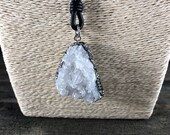 White Druzy Pendant on Leather, Rhinestone Druzy Pendant, Boho Chic