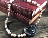 Navy Agate Focal Piece Necklace, Pearl Necklace, Statement Necklace