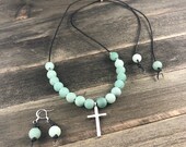 Adventurine Gemstone Necklace, Leather Necklace, Matte Gemstone Necklace