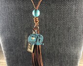 Brown Suede Tassel Necklace on Leather, Happy Camper Charm Necklace, Turquoise Camper Charm