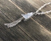Gray Moonstone Beaded Necklace, Gray Druzy Pendant with Silver Electroplating, Handwrapped Stones, Rosary Chain Necklace