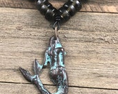 Bug Fossil Jasper Gemstone Necklace on Leather, Mermaid Pendant, Coastal Necklace, Teal Necklace