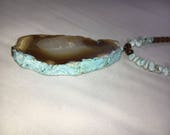 Larimar Beaded Gemstone Necklace, Brown Agate Slice Pendant Pendant Necklace, Boho Chic Necklace, Leather Necklace
