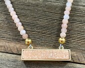 Peach Druzy Bar Necklace Set, Beaded Faceted Cat 39 s Eye with Druzy Pendant, matching Gemstone and Rhinestone Earrings, Gold Plated Accents