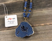 Navy Druzy Pendant with Matte Lapis and Citrine Gemstones