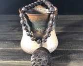 Coral Fossil Pendant Necklace, Brown Obsidian Beaded Necklace , Boho Leather Necklace