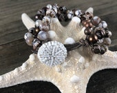Brown Agate Pearl and Leather Bracelet, Brown Pearls, Copper Beads, Vintage Button Closure
