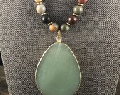 Adventurine Gemstone Pendant Necklace, Picture Jasper Beaded Gemstone Necklace, Leather Necklace, Matte Jasper Gemstone Necklace