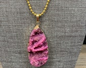 Valentine s Necklace, Pink Druzy Pendant Necklace, Gold Electroplated Pink Druzy Necklace, Faceted Gold Plated Ball Chain Necklace