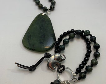 Kambaba Jade Necklace, Jade Gemsone Necklace, Boho Chic Necklace/Bracelet Set