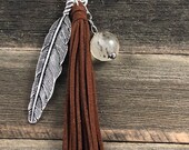 Chocolate Suede Tassel Necklace, Feather Charm Necklace, Agate Gemstone Necklace