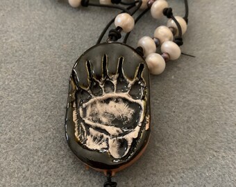 Glazed Clay Pendant Necklace, Smokey Mountain Bear Cub Pendant, Pearl Necklace