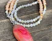 Cherry Agate Pear Drop Pendant Necklace, Mexican Onyx Beaded Necklace, Mystic Crystal Beaded Necklace, Boho Chic Long Necklace