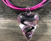 Pink Murano Glass Heart Pendant Necklace, Puffy Heart Necklace, Leather Necklace