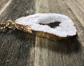 White Druzy Gold Electroplated Pendant Necklace, Gold Plated Faceted Ball Chain Necklace, Boho Chic Necklace