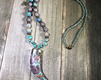 Picture Jasper Horn Necklace with TQ & Brown Druzy, Boho Chic, Gemstone Pendant, Turquoise Beaded Necklace