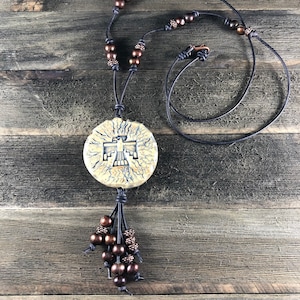 Pearl Necklace, Ceramic Pendant Phoenix Necklace, Leather Necklace, Earthy Necklace, Symbol of Strength