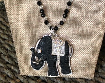 Elephant Pendant Necklace, Black Onyx Elephant Necklace, Bohemian Necklace, Beaded Gemstone Necklace, Black Onyx Gemstone Necklace