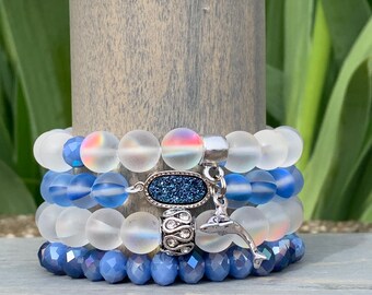 Stack Bracelet Set, Stretchy Bracelet Set, Ocean Blue Bracelets, Druzy Bracelet