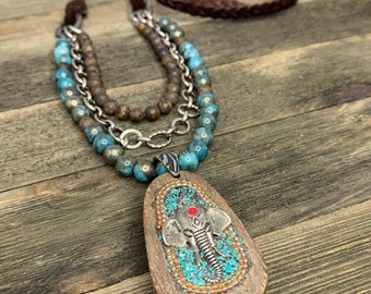 Turquoise and Bronzite Beaded Necklace, Wood Elephant Pendant, Braided Suede Necklace