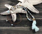 Seafoam Coral Pendant Necklace, Beaded Gemstone Amazonite Necklace, Leather Necklace