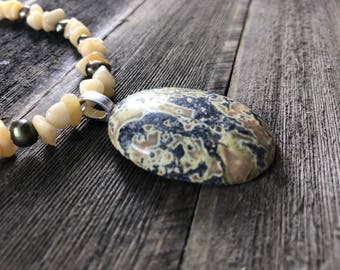 Imperal Jasper Cabachon Necklace, Beaded Yellow Turquoise Nuggets with Forest Green Pearls, Gemstone Necklace