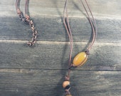 Leather and Carmel Color Agate Necklace, Lariat Necklace, Y Necklace, Adjustable Necklace