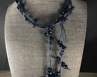 Faceted Navy Crystal Lariat on Three Strand 1mm Natural Blue Leather