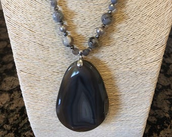 Botswana Agate Necklace, Botswana Agate Pendant, Silver Needle Jasper, Moonstone, Peacock Pearl, Leather Necklace