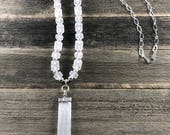 Selenite Pendant Necklace, Beaded Matte Quartz Gemstone Necklace, Neutral Color Necklace