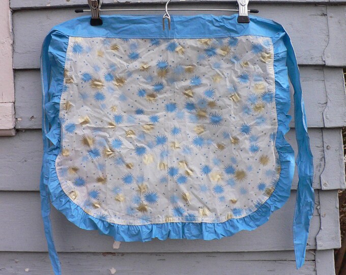 Vintage 1950s Plastic Apron with Blue and Gold Starbursts Ruffles Atomic Cocktail Party