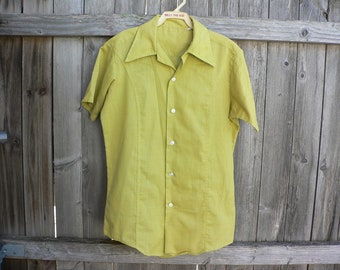 Vintage 1960s 1970s Short Sleeved Chartreuse Button Down Children's Boy's Clothing