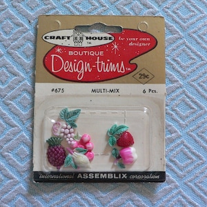 May include: A package of six plastic fruit-shaped embellishments for crafts. The package is labeled "Craft House Boutique Design-Trims" and "Multi-Mix".
