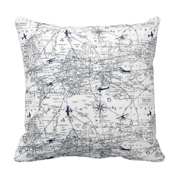 READY TO SHIP! 12x12 Flight Map Zippered Throw Pillow Cover by Primal Vogue™ - Airplane, Compass, Pilot - White, Navy Blue