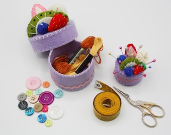 mini sewing supplies storage box and mini felt pincushion