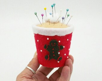 felt coffee cup pincushion Christmas edition, seamstress tool