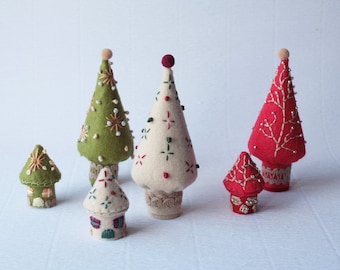 mini embroidered trees and houses, set of 6