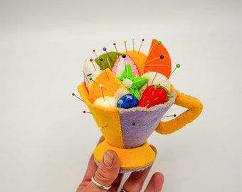 teacup pincushion with felt fruits