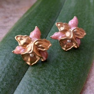 Vintage costume  earrings, enamel faux pearl,  orchid earrings, womens floral jewelry