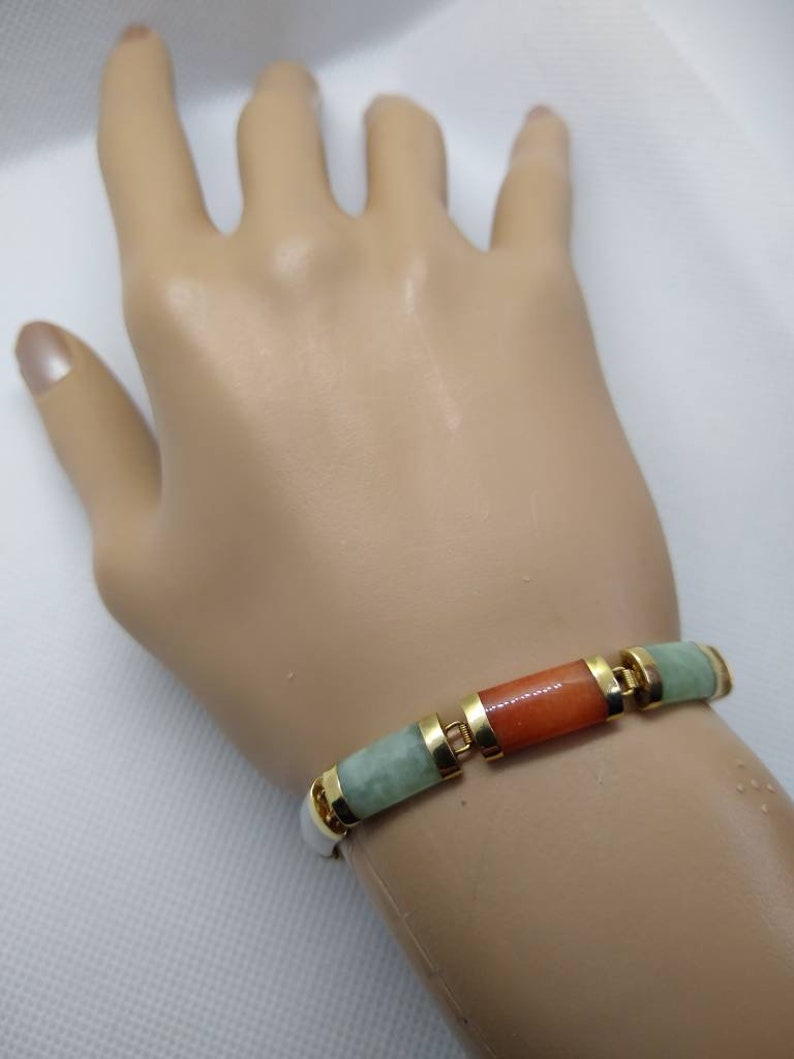 14k Yellow Gold Jade Jadeite Bracelet, Multi Color Chinese Gemstone