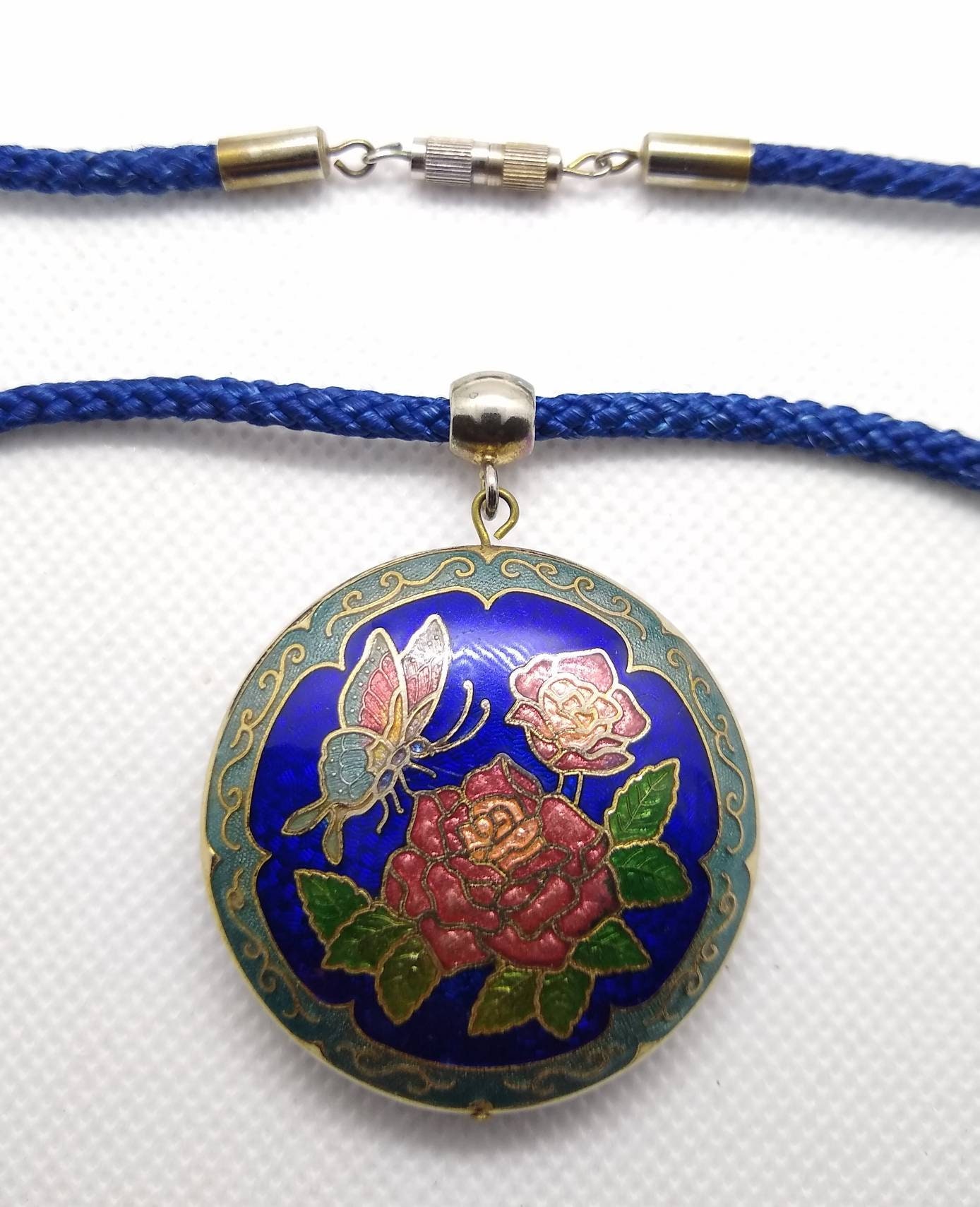 Vintage Cloisonne pendant Blue corded neckware Butterfly Etsy