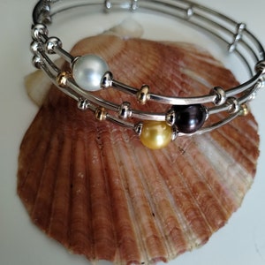 AAA Freshwater Pearl Bangle:  Sterling Silver and 14K Multi-Wire  bangle Bracelet