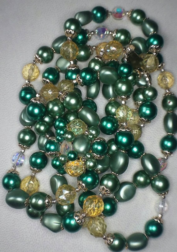 Vintage Green Faux Pearl Necklace, Beaded Double Strand, Made in