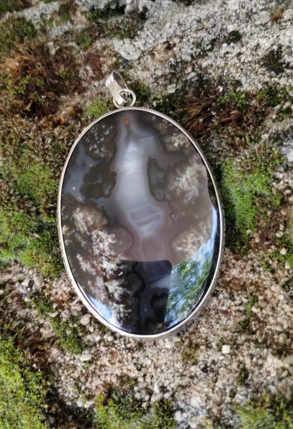 Sterling Silver  MOSS AGATE oval pendant,  rainfo… - image 1