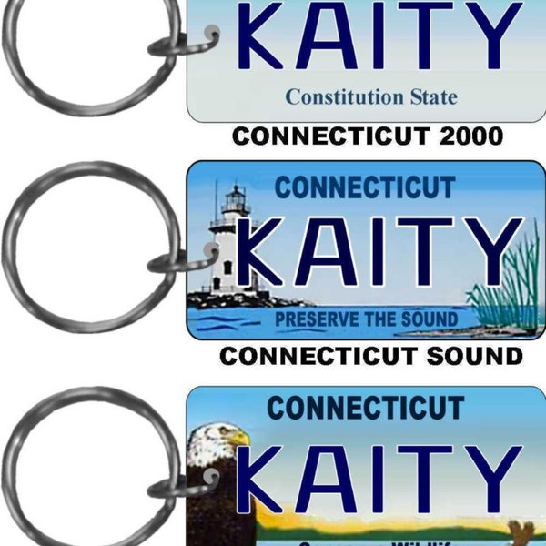 Personalized Connecticut 1987, 2000, Sound, Conserve replica license plate keychain overlaminated - key ring