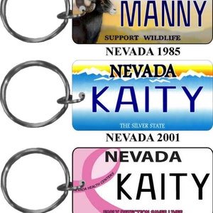 Personalized Nevada 1975, 1985, 2001 Pink Battle replica license plate keychain overlaminated - key ring