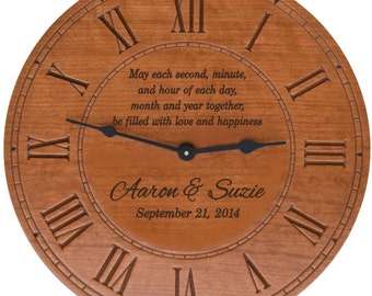 May Each Second ...Round Cherry Finish Wall Clock with Personalization for Wedding Gift,  Anniversary Gift, or a New Home