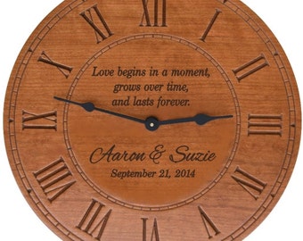 Round Cherry Finish Wall Clock with Personalization for Wedding Gift,  Anniversary Gift, or a New Home