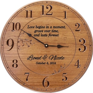Love Begins in a Moment  .. Personalized 17 in Wood Wall Clock Engraved with Names and Date